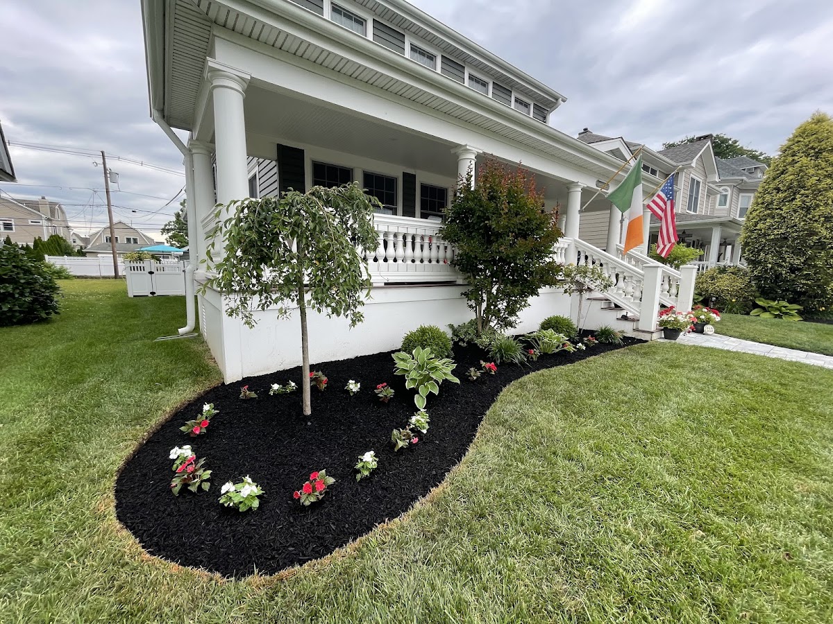 Large curved garden bed with new trees and flowers along a porch